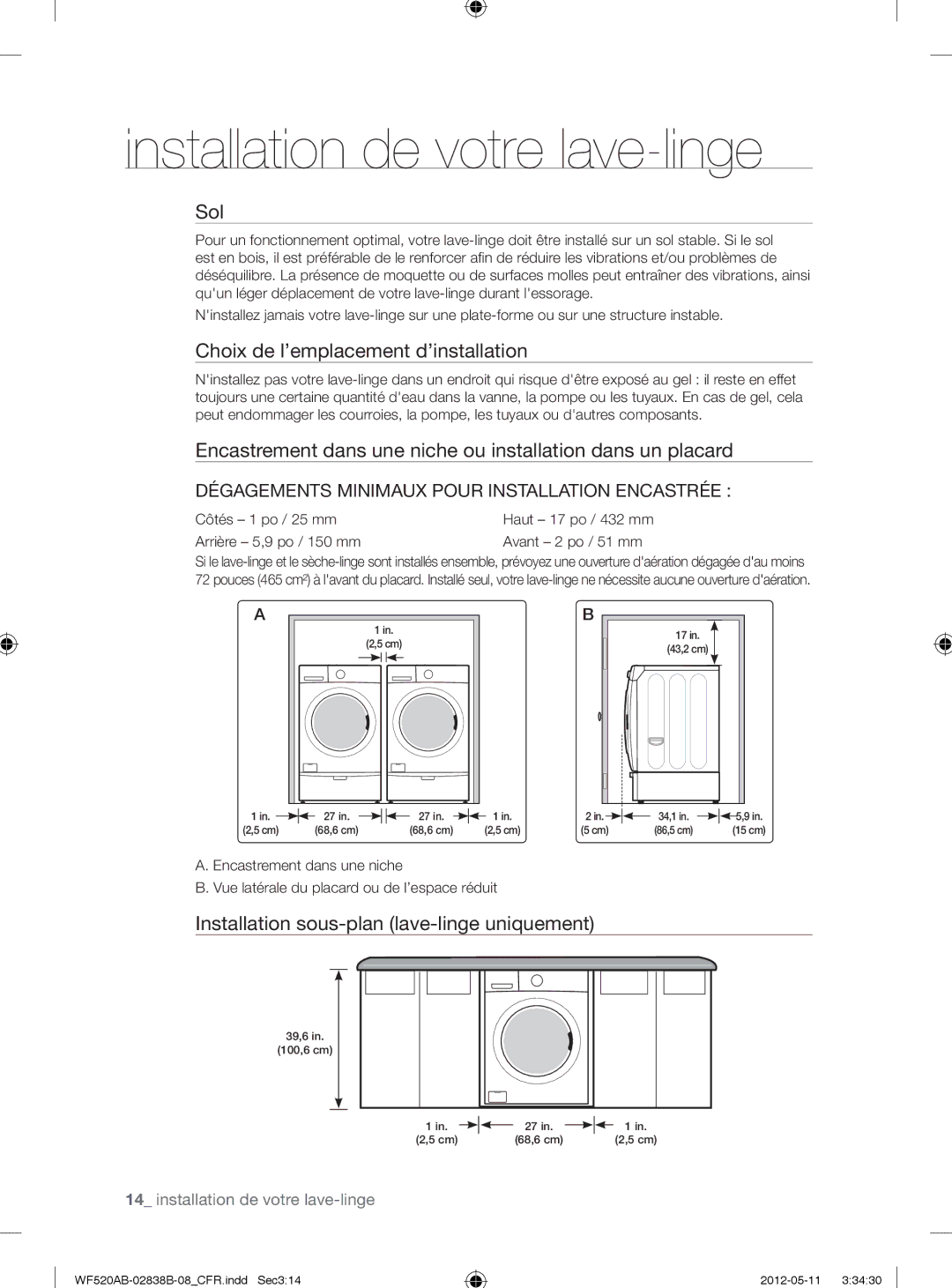 Samsung WF520ABP/XAA manual Sol, Choix de l’emplacement d’installation, Installation sous-plan lave-linge uniquement 