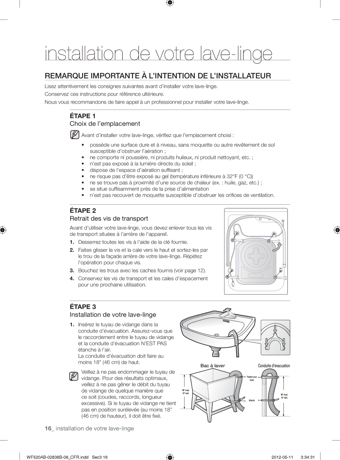 Samsung WF520ABP/XAA manual Remarque Importante À L’INTENTION DE L’INSTALLATEUR, Choix de l’emplacement 