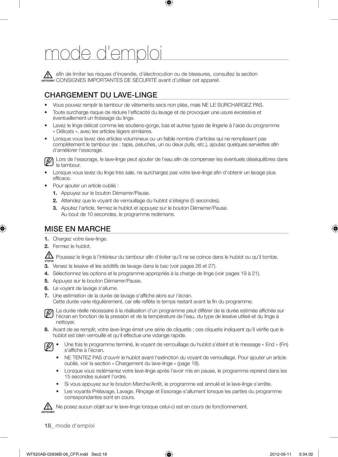 Samsung WF520ABP/XAA manual Mode demploi, Chargement DU LAVE-LINGE, Mise EN Marche 