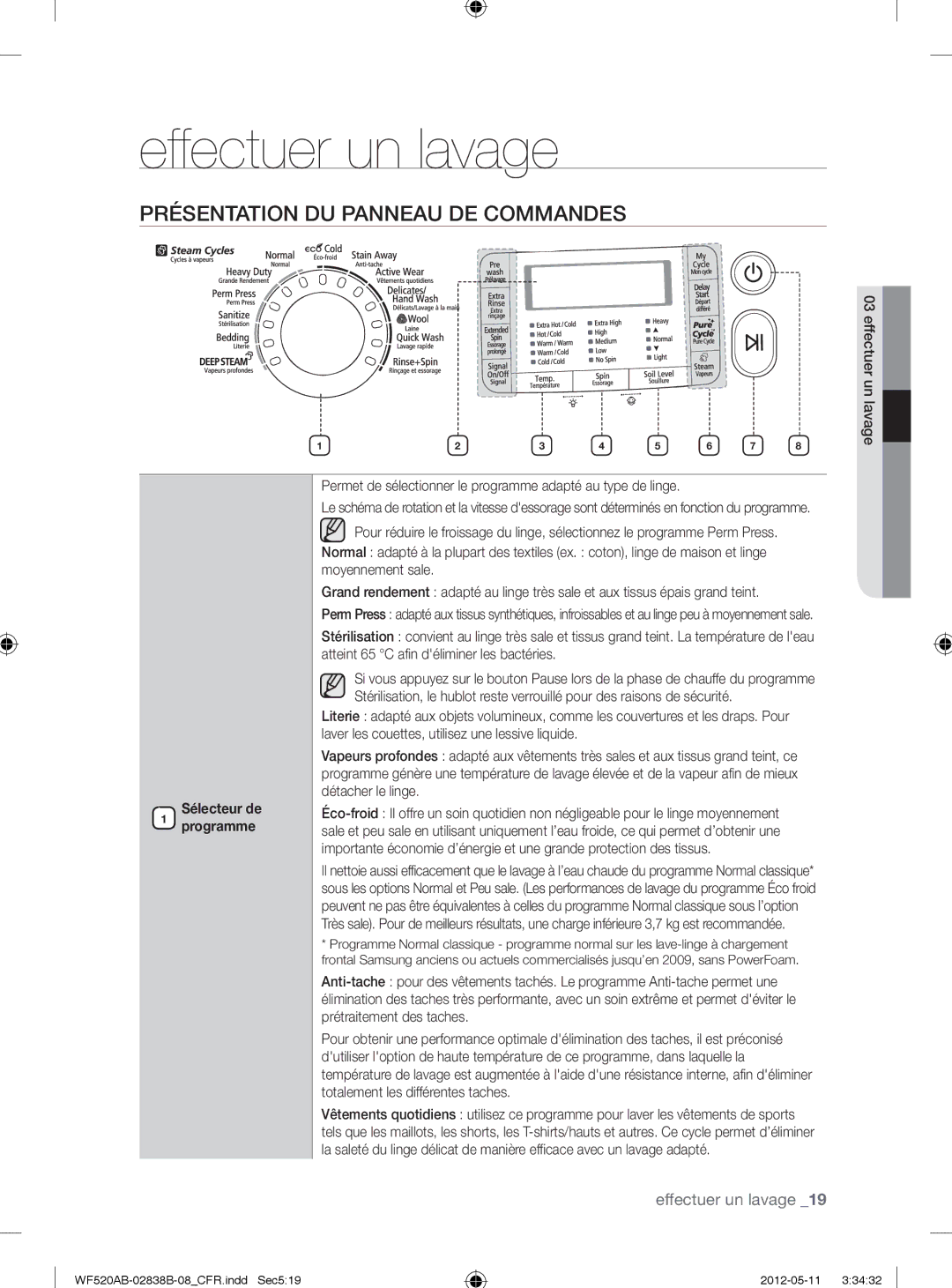 Samsung WF520ABP/XAA manual Effectuer un lavage, Présentation DU Panneau DE Commandes, Sélecteur de Programme 