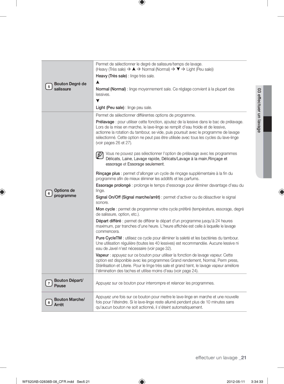 Samsung WF520ABP/XAA manual Bouton Degré de Salissure, Options de, Bouton Départ, Pause, Bouton Marche, Arrêt 