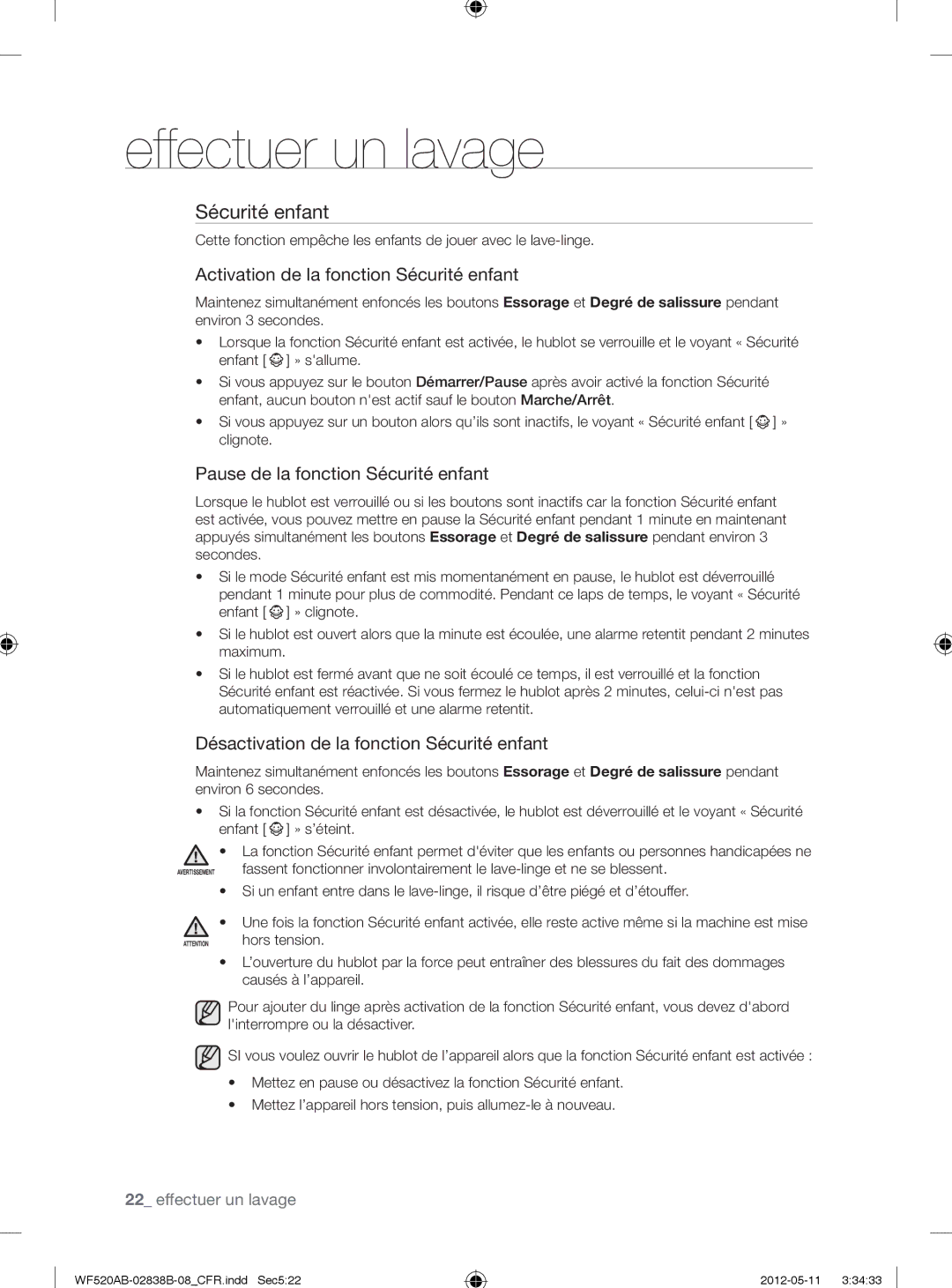 Samsung WF520ABP/XAA manual Activation de la fonction Sécurité enfant, Pause de la fonction Sécurité enfant 