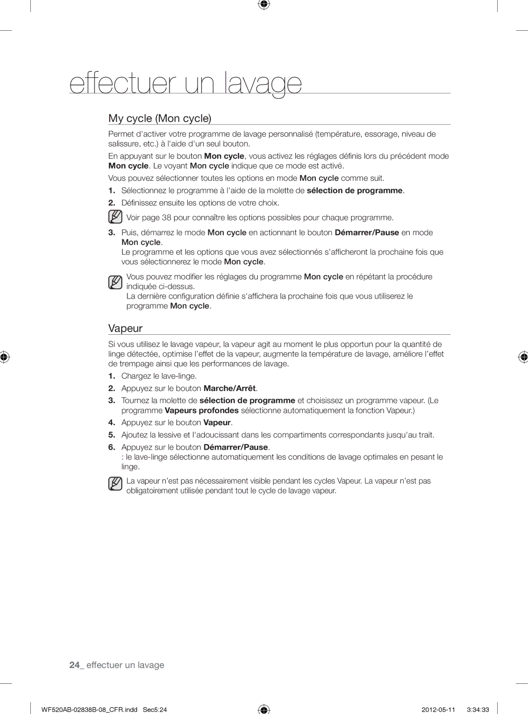 Samsung WF520ABP/XAA manual My cycle Mon cycle, Vapeur 