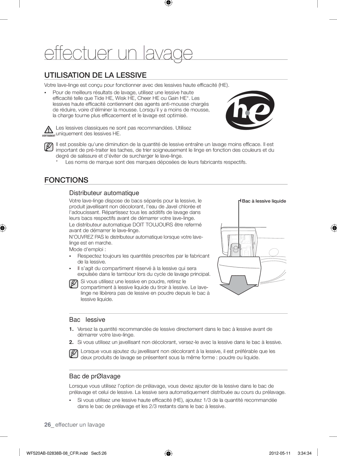 Samsung WF520ABP/XAA manual Utilisation DE LA Lessive, Fonctions, Distributeur automatique, Bac à lessive, Bac de prélavage 