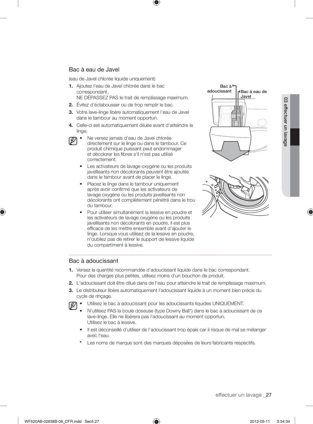 Samsung WF520ABP/XAA manual Bac à eau de Javel, Bac à adoucissant 