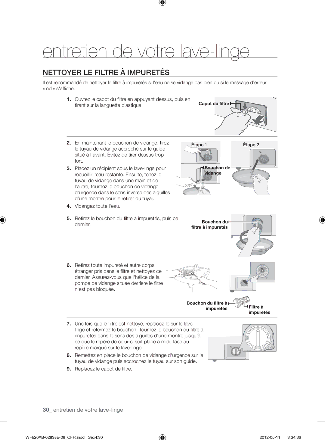 Samsung WF520ABP/XAA manual Nettoyer LE Filtre À Impuretés, Tirant sur la languette plastique, Vidangez toute leau 