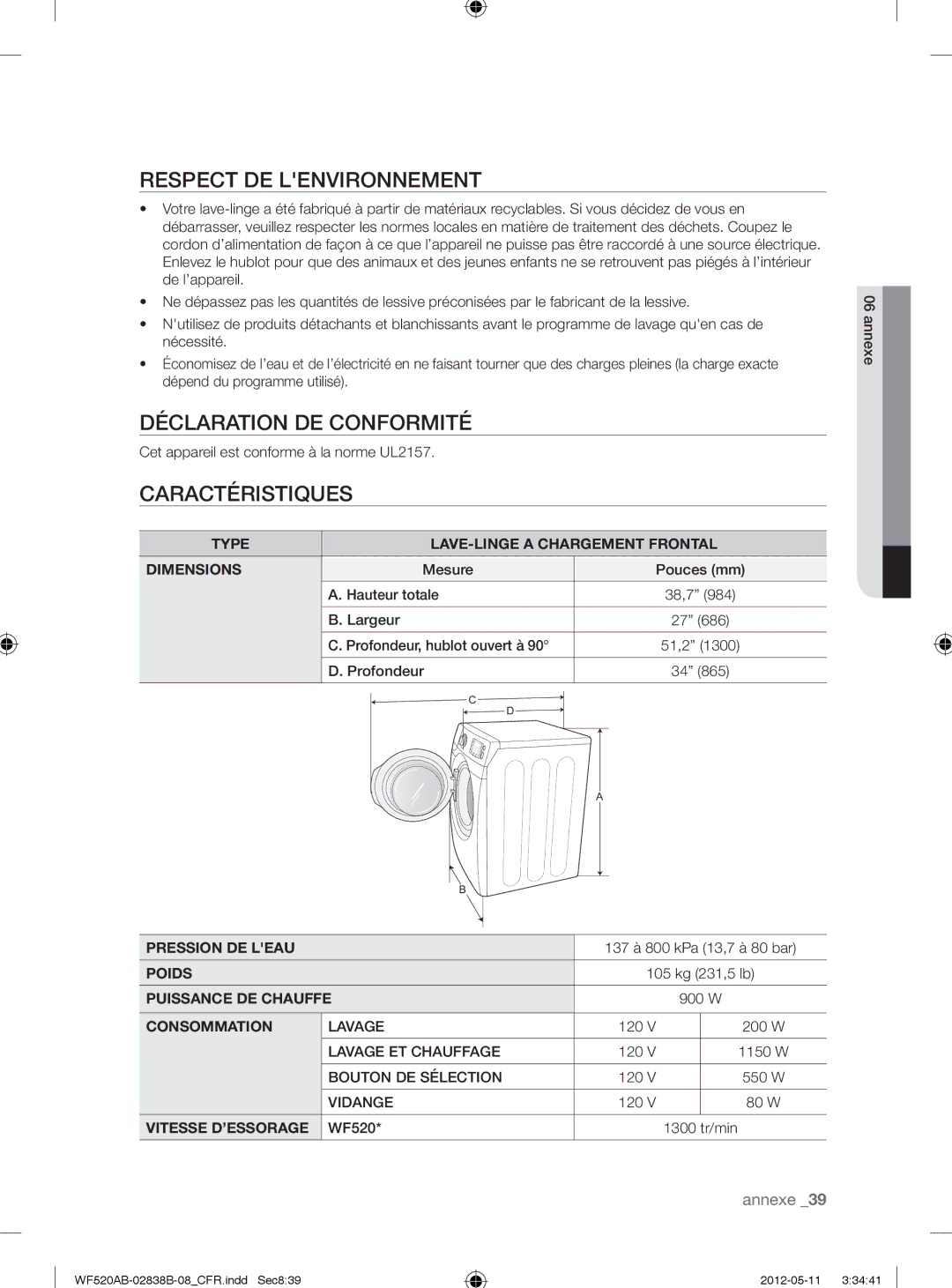 Samsung WF520ABP/XAA manual Respect DE Lenvironnement, Déclaration DE Conformité, Caractéristiques 