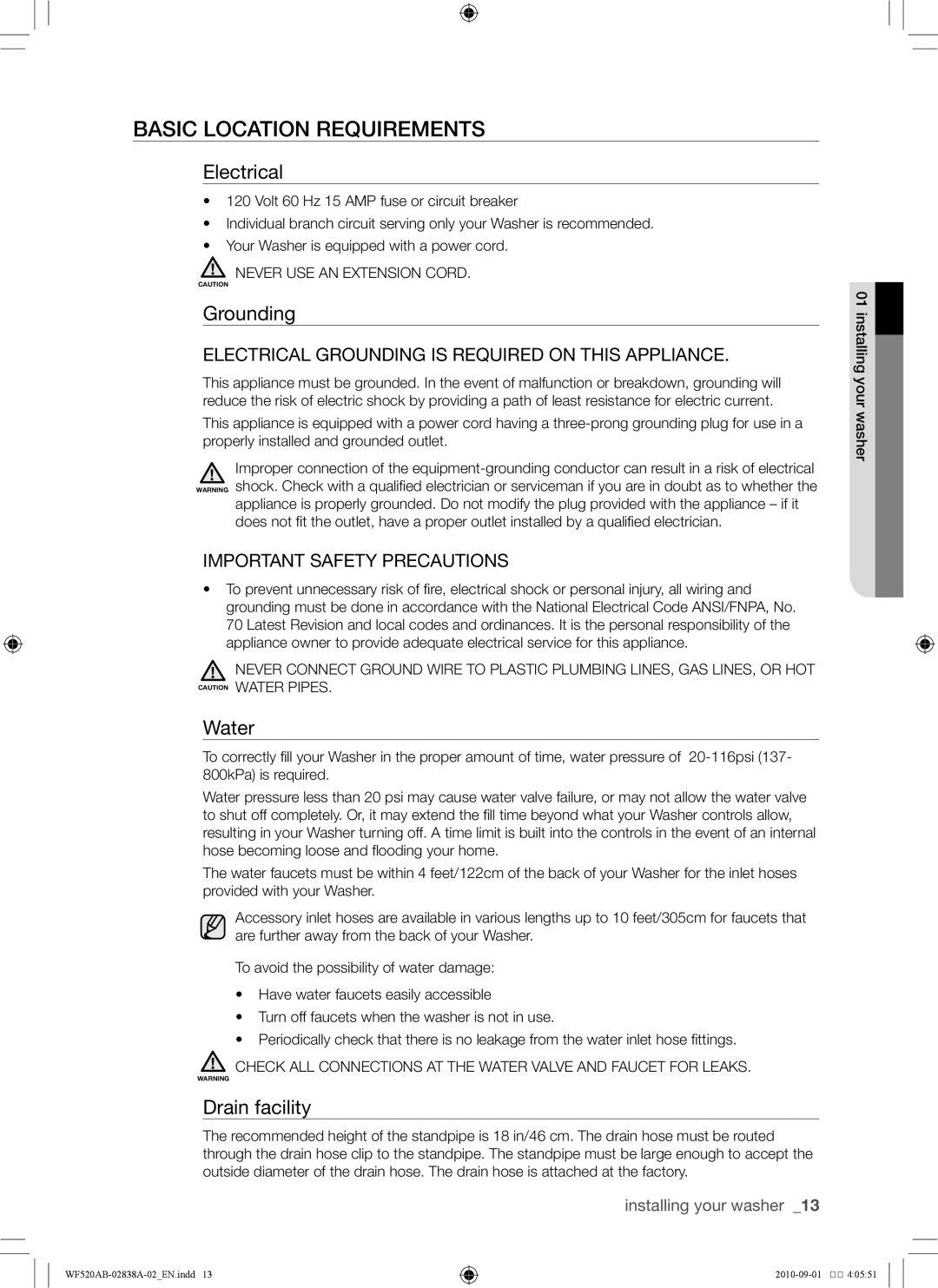 Samsung WF520ABP/XAA manual Electrical, Grounding, Water, Drain facility 