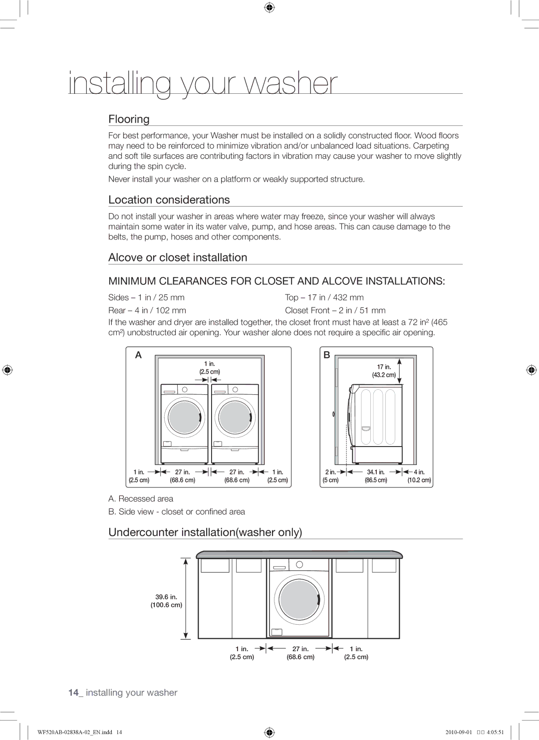 Samsung WF520ABP/XAA manual Flooring, Location considerations, Alcove or closet installation 