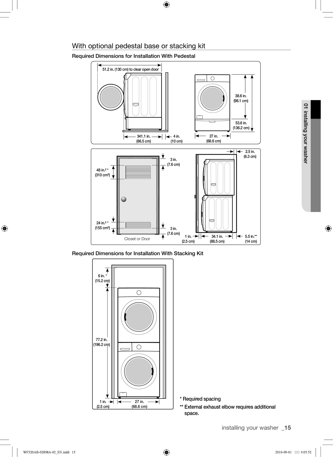 Samsung WF520ABP/XAA manual With optional pedestal base or stacking kit 