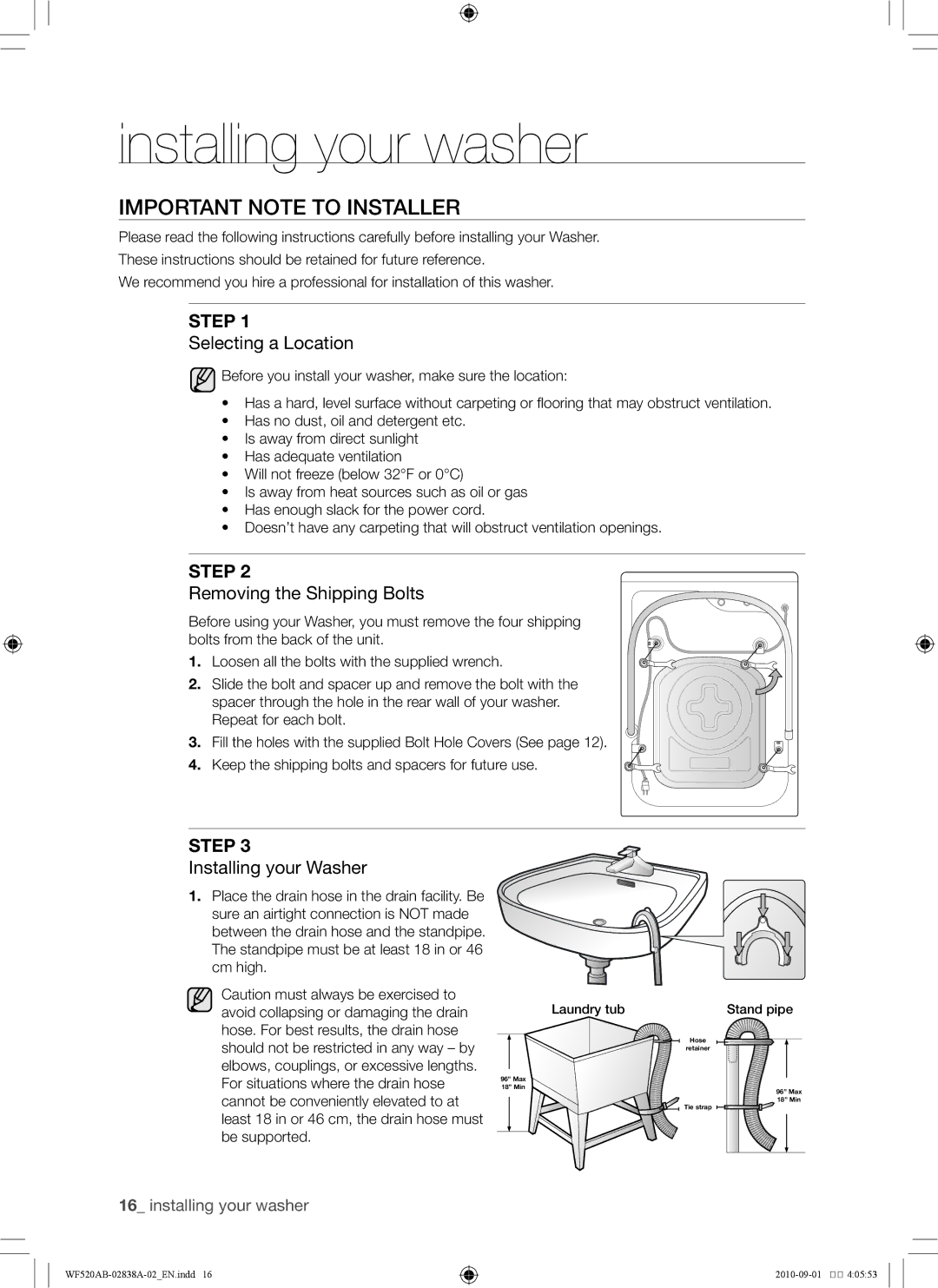 Samsung WF520ABP/XAA manual Important note to installer, Selecting a Location, Removing the Shipping Bolts 