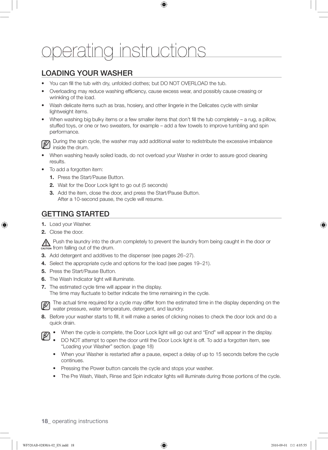 Samsung WF520ABP/XAA manual Operating instructions, Loading your washer, Getting started 