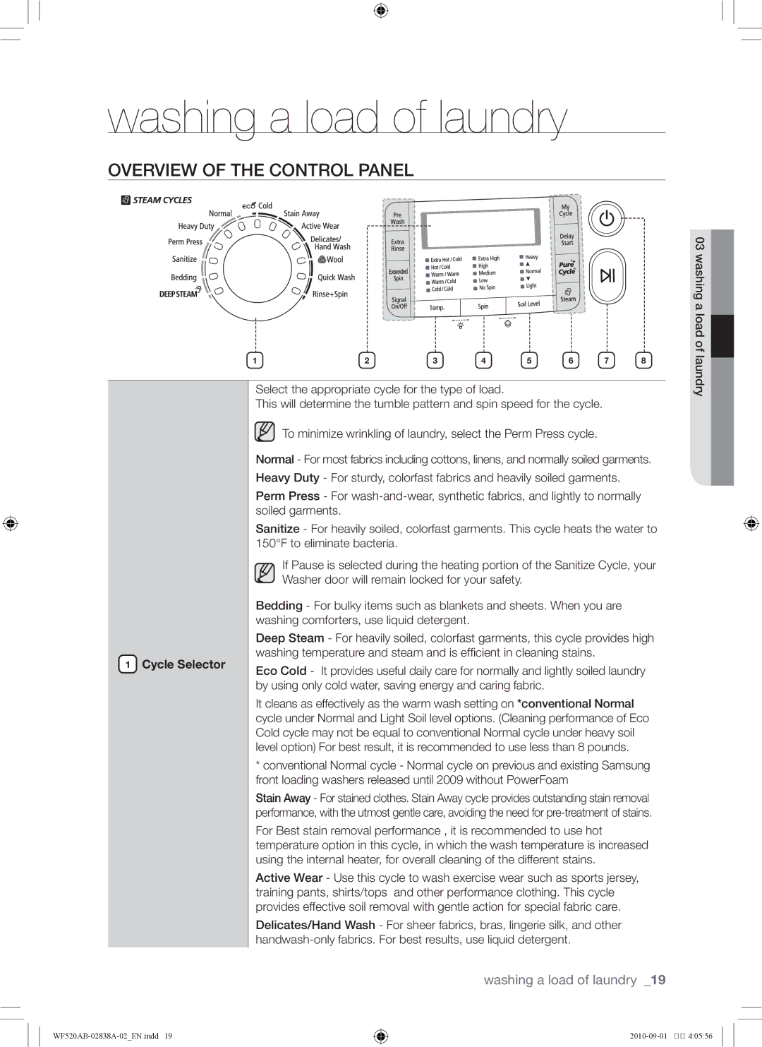 Samsung WF520ABP/XAA manual Washing a load of laundry, Overview of the control panel, Cycle Selector 