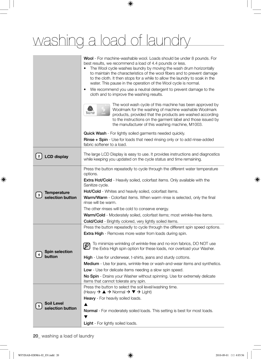 Samsung WF520ABP/XAA manual LCD display, Temperature, Spin selection, Button, Soil Level Selection button 