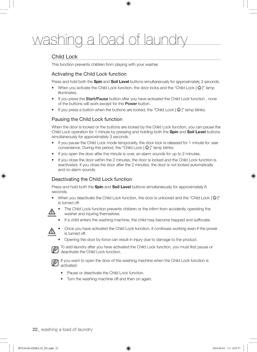 Samsung WF520ABP/XAA manual Activating the Child Lock function, Pausing the Child Lock function 