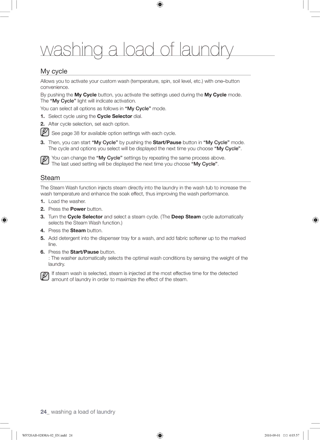 Samsung WF520ABP/XAA manual My cycle, Steam 