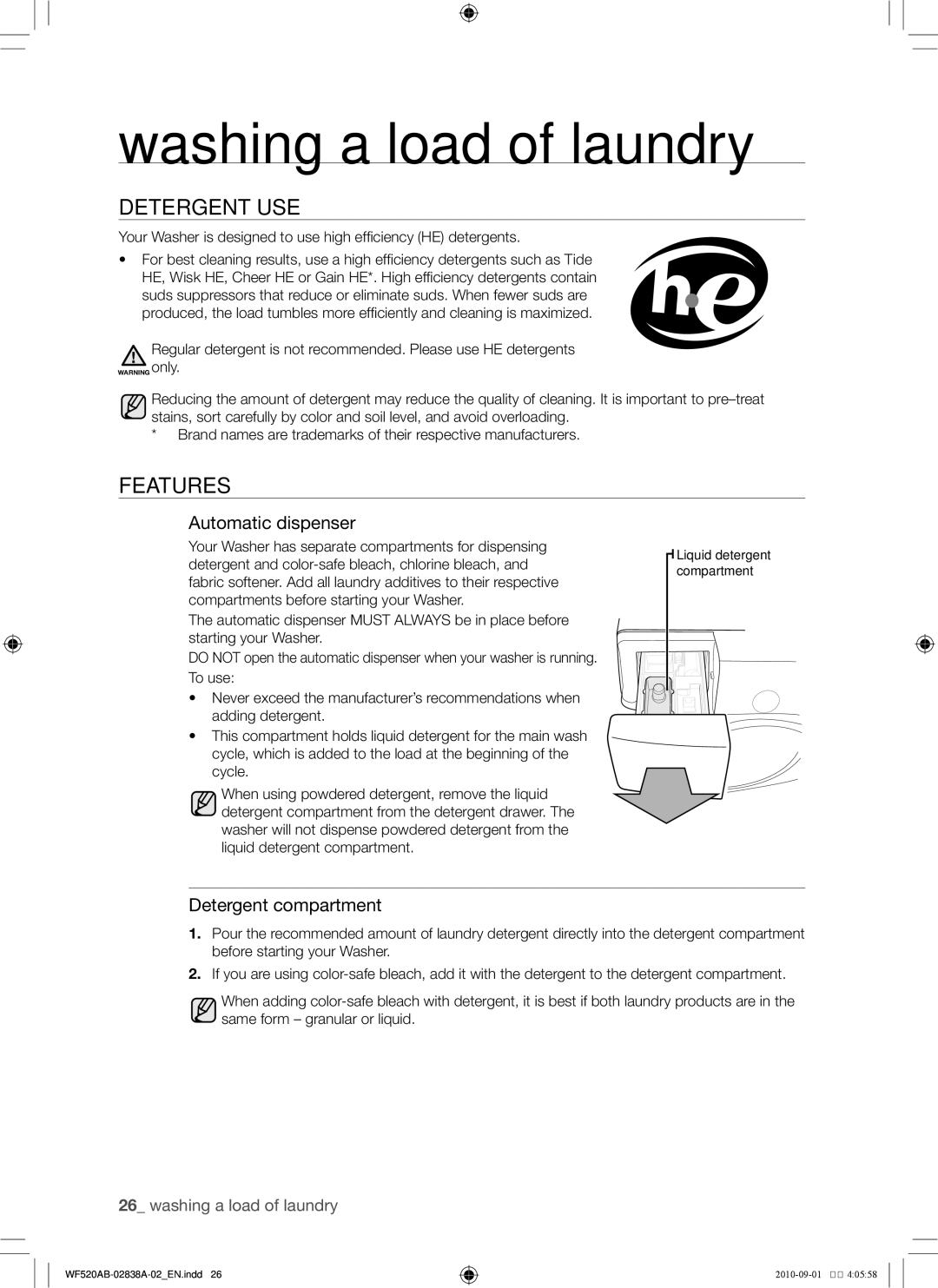 Samsung WF520ABP/XAA manual Detergent use, Features, Automatic dispenser, Detergent compartment 