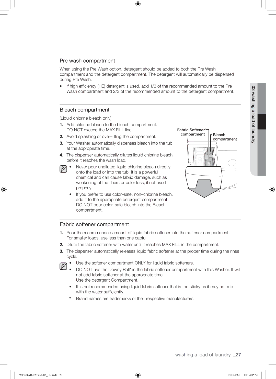 Samsung WF520ABP/XAA manual Pre wash compartment, Bleach compartment, Fabric softener compartment 