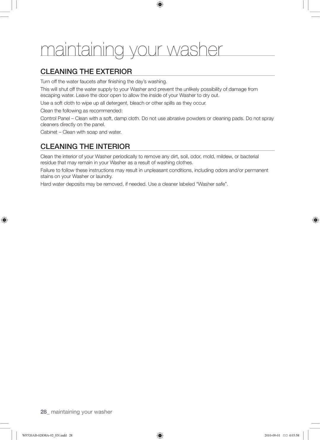 Samsung WF520ABP/XAA manual Maintaining your washer, Cleaning the exterior, Cleaning the interior 