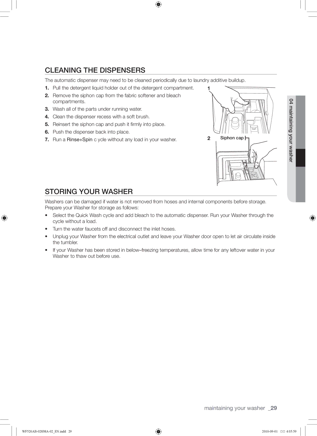 Samsung WF520ABP/XAA manual Cleaning the dispensers, Storing your washer 