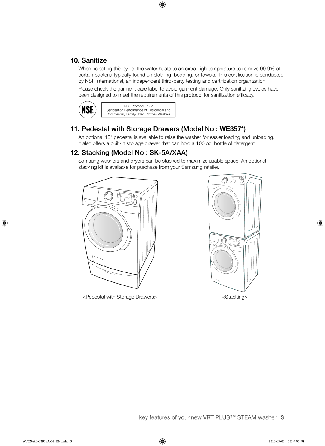 Samsung WF520ABP/XAA manual Sanitize, Pedestal with Storage Drawers Model No WE357, Stacking Model No SK-5A/XAA 