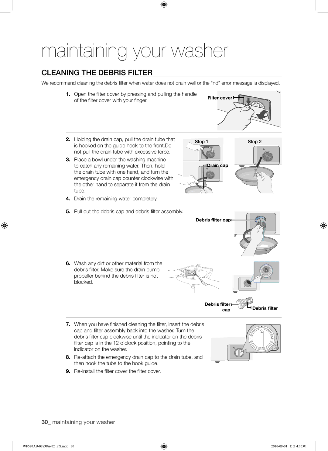 Samsung WF520ABP/XAA manual Cleaning the debris filter 