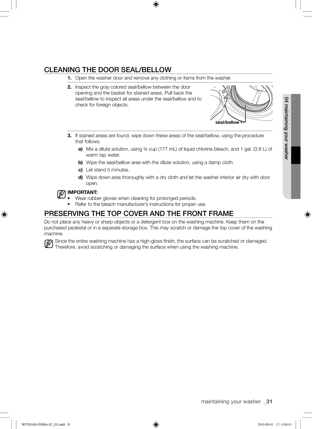 Samsung WF520ABP/XAA manual Cleaning the door seal/bellow, Preserving the top cover and the front frame 