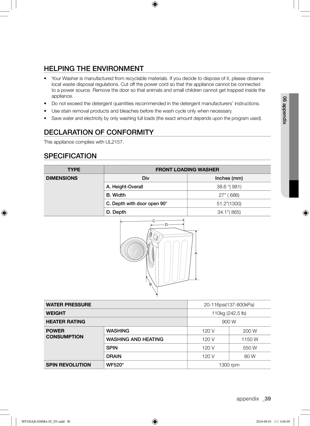 Samsung WF520ABP/XAA manual Helping the environment, Declaration of conformity, Specification 