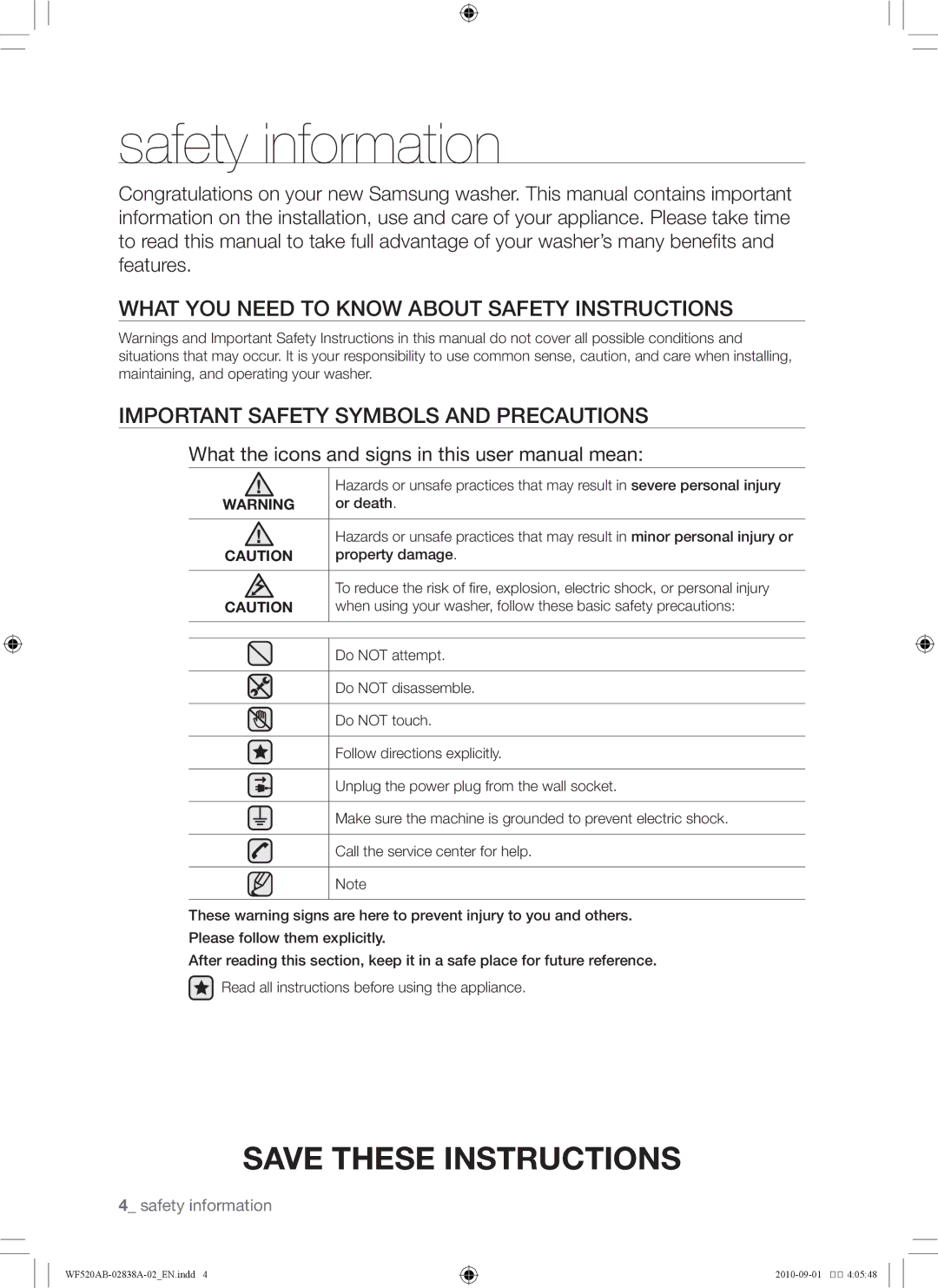 Samsung WF520ABP/XAA manual Safety information 