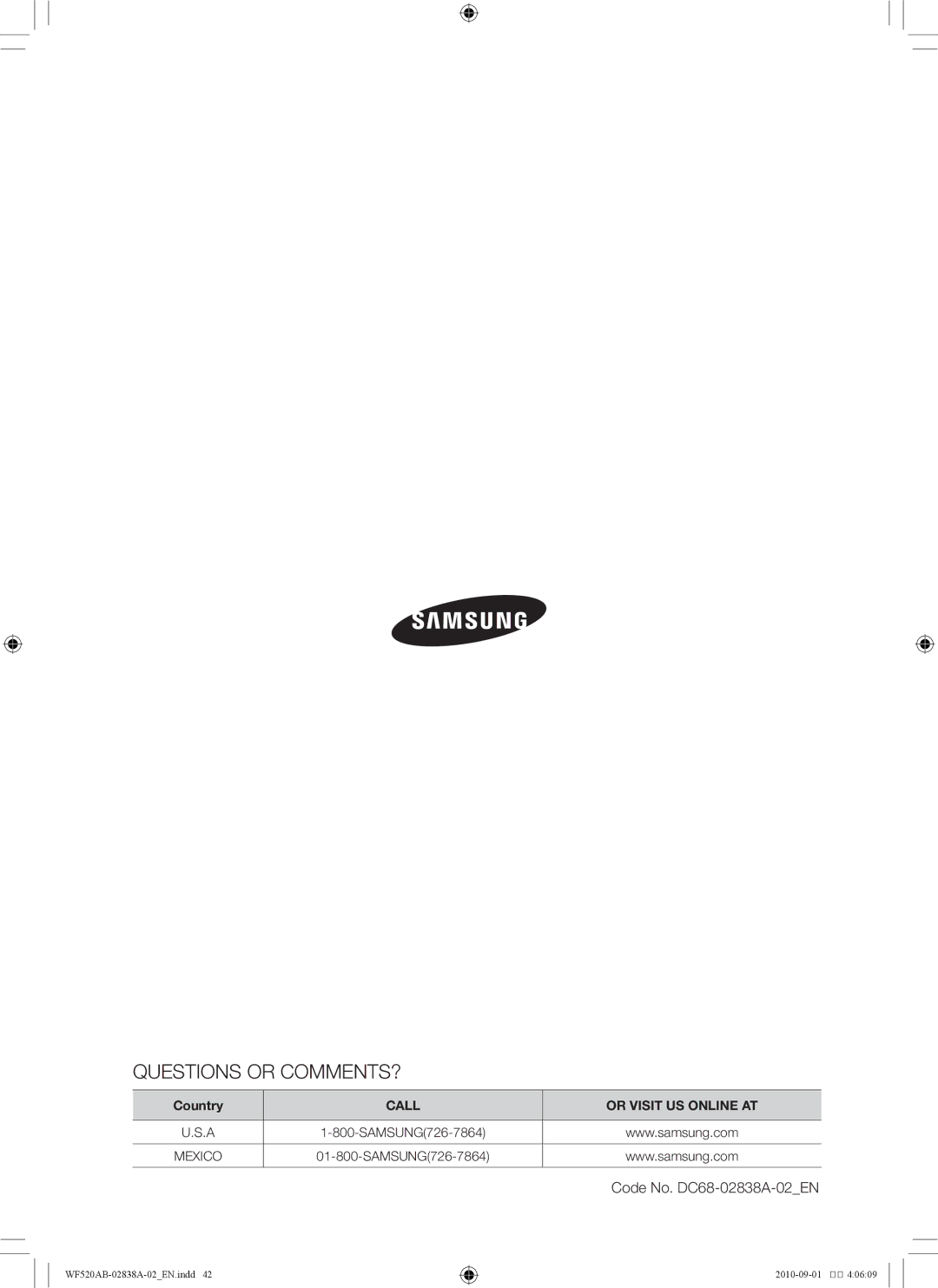 Samsung WF520ABP/XAA manual Questions or COMMENTS? 