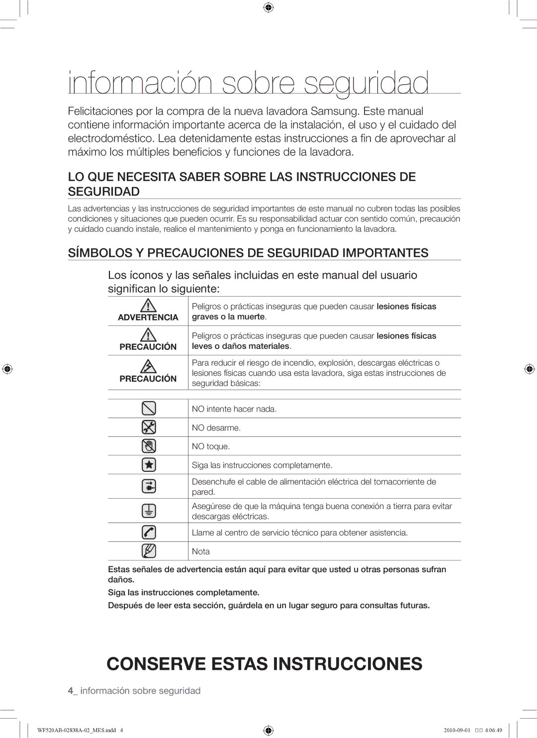 Samsung WF520ABP/XAA manual Información sobre seguridad, Lo que necesita saber sobre las instrucciones de seguridad 