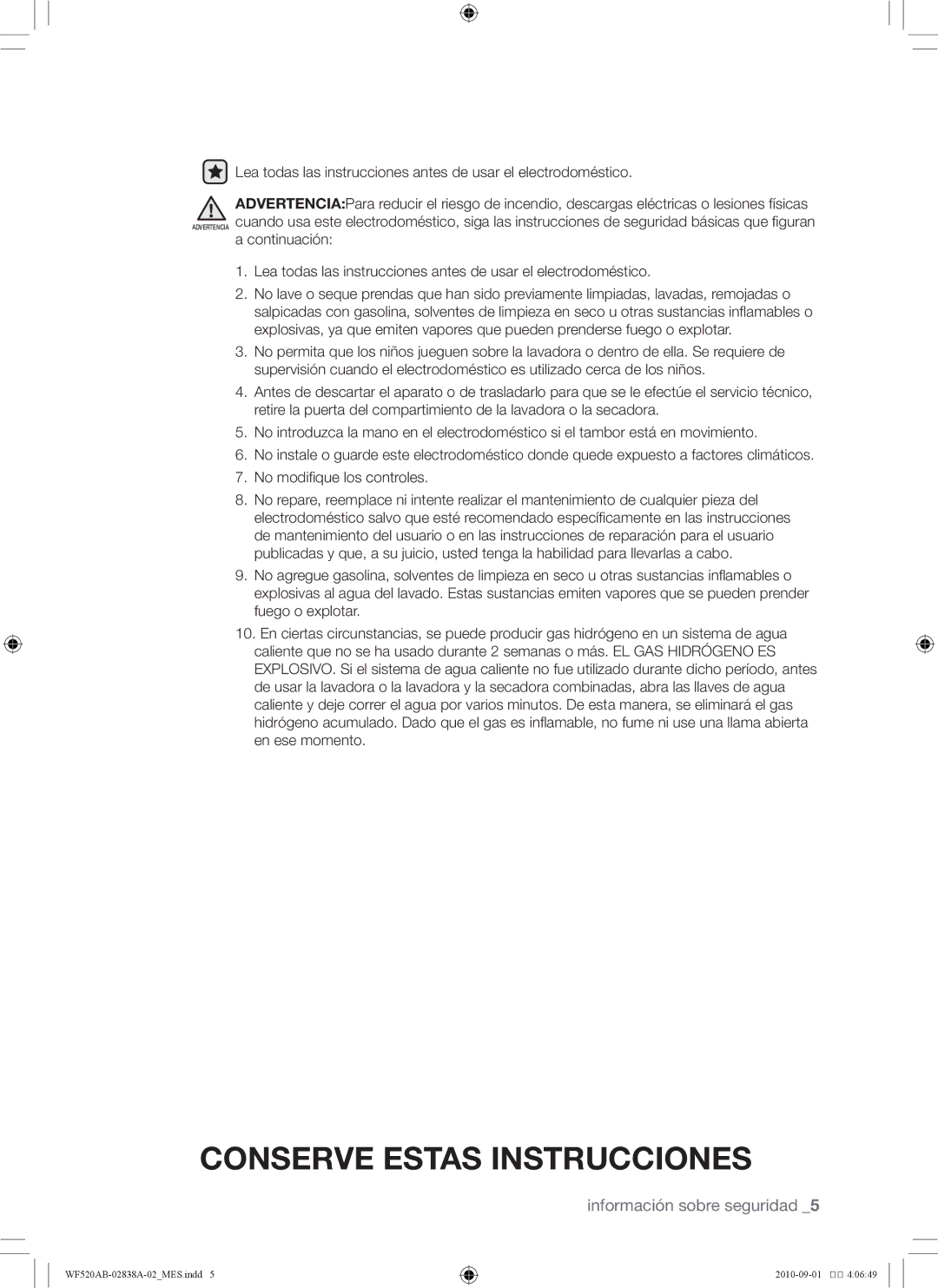 Samsung WF520ABP/XAA manual Conserve Estas Instrucciones 