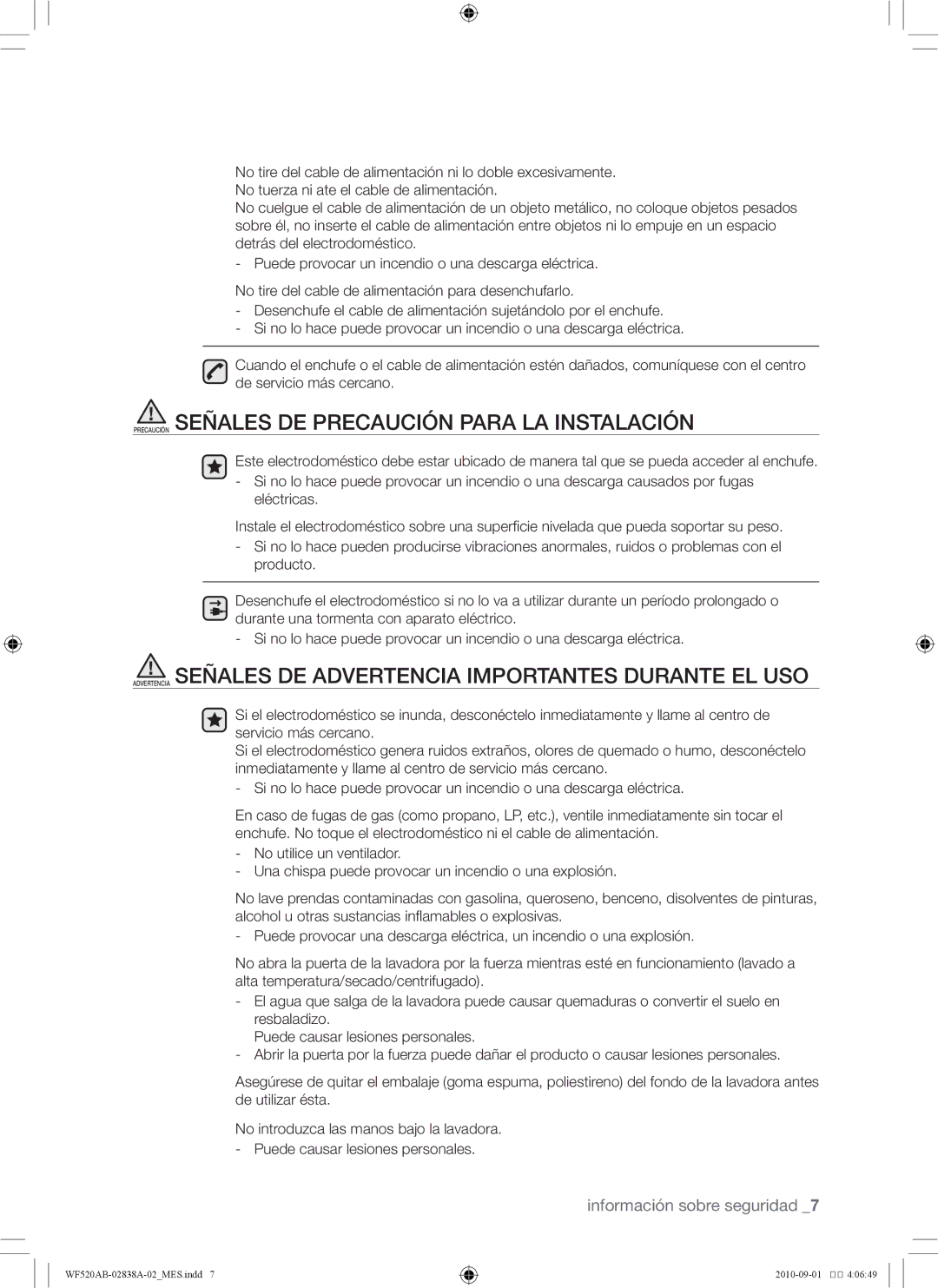 Samsung WF520ABP/XAA manual Precaución Señales DE Precaución Para LA Instalación 