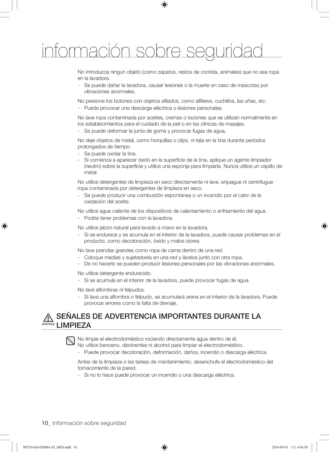 Samsung WF520ABP/XAA manual Señales DE Advertencia Importantes Durante LA 