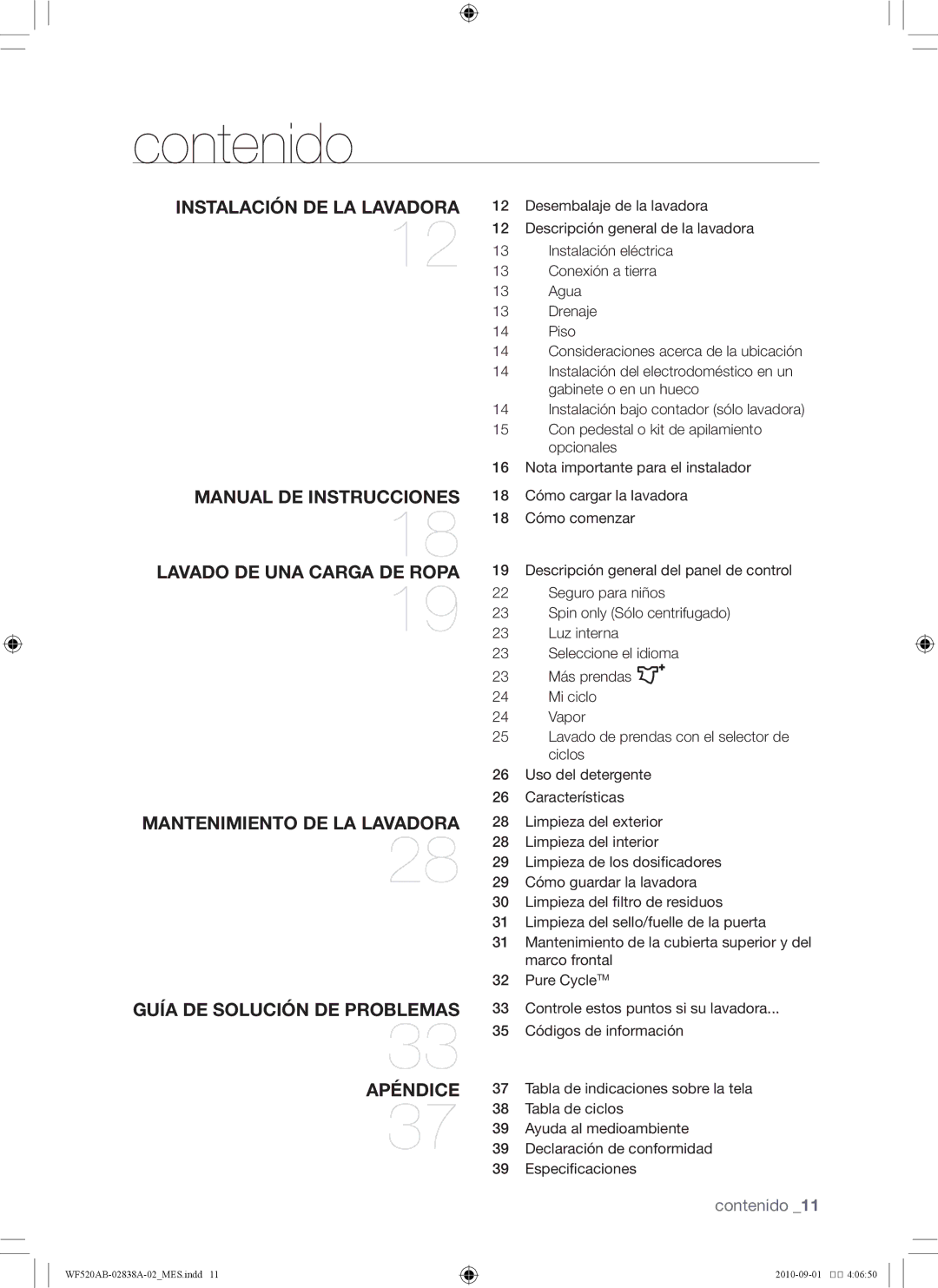 Samsung WF520ABP/XAA manual Contenido, Instalación de la lavadora 