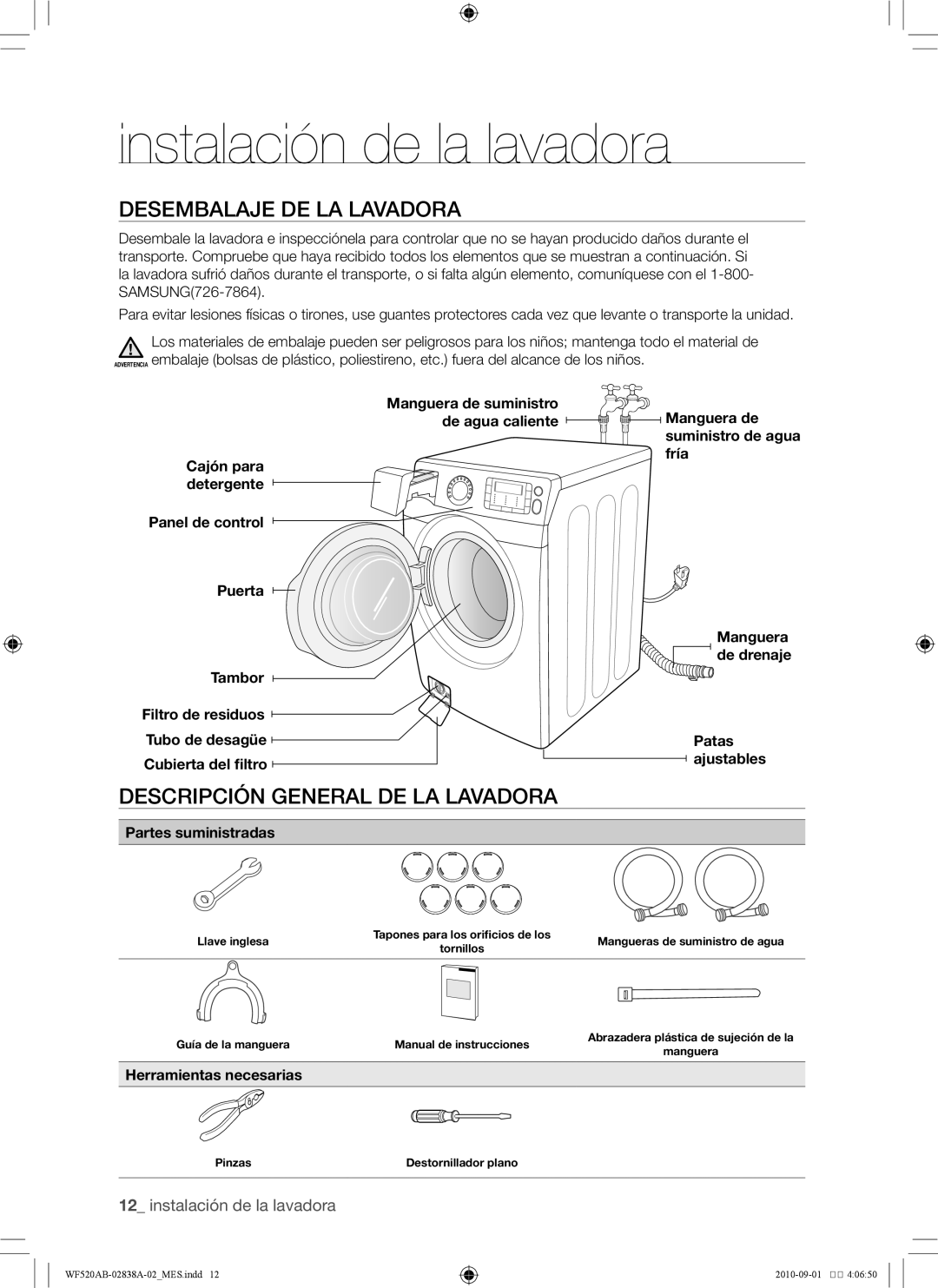 Samsung WF520ABP/XAA manual Instalación de la lavadora, Desembalaje de la lavadora, Descripción general de la lavadora 