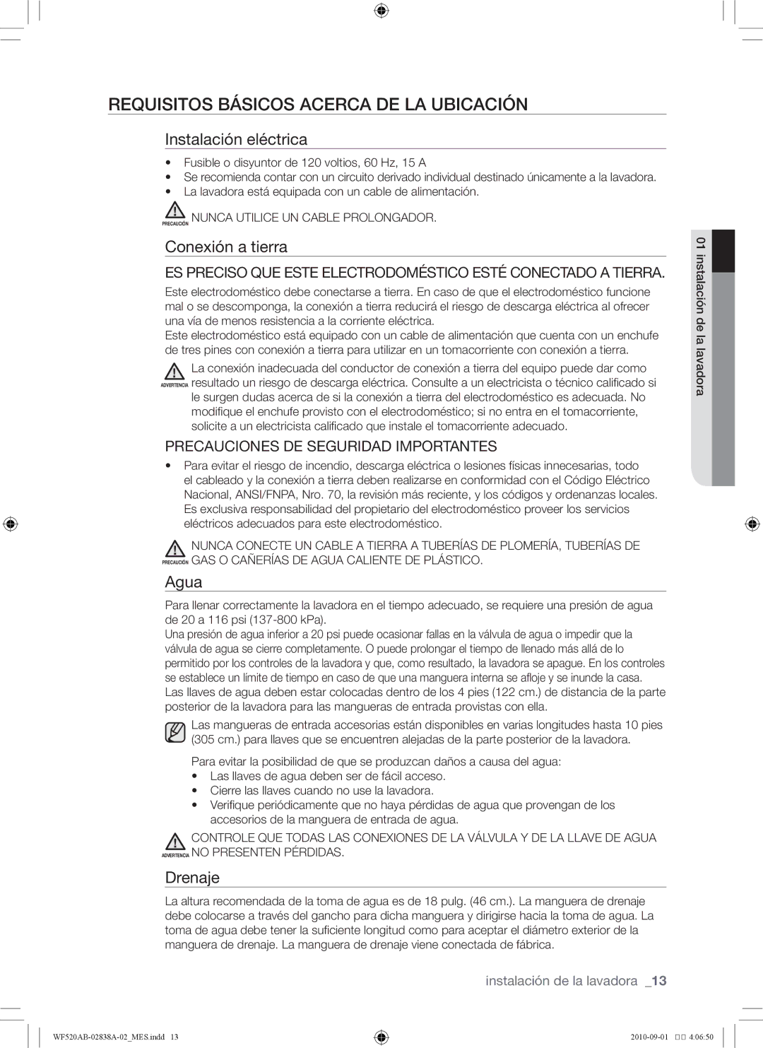 Samsung WF520ABP/XAA manual Instalación eléctrica, Conexión a tierra, Agua, Drenaje 