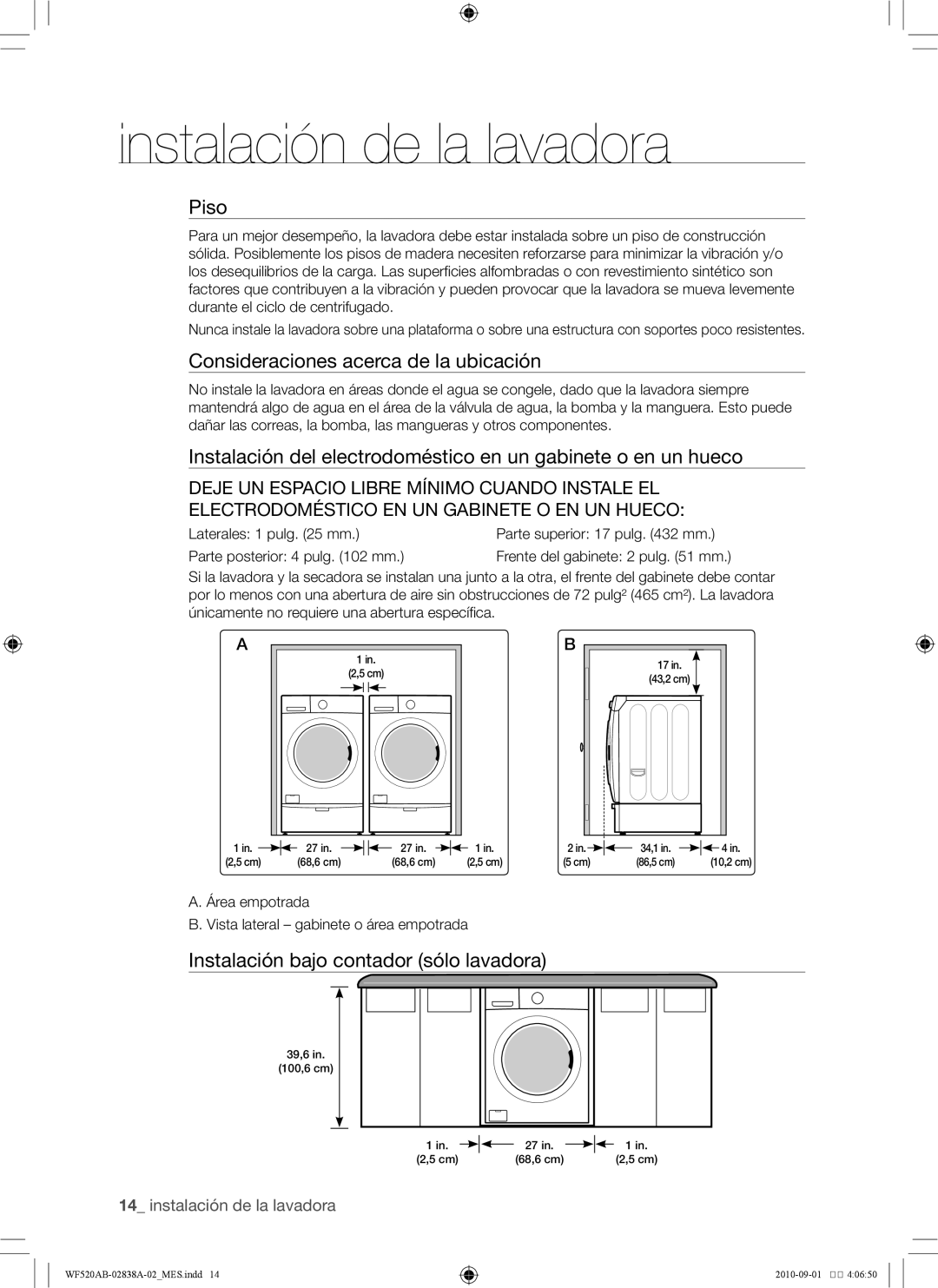 Samsung WF520ABP/XAA manual Piso, Consideraciones acerca de la ubicación, Instalación bajo contador sólo lavadora 