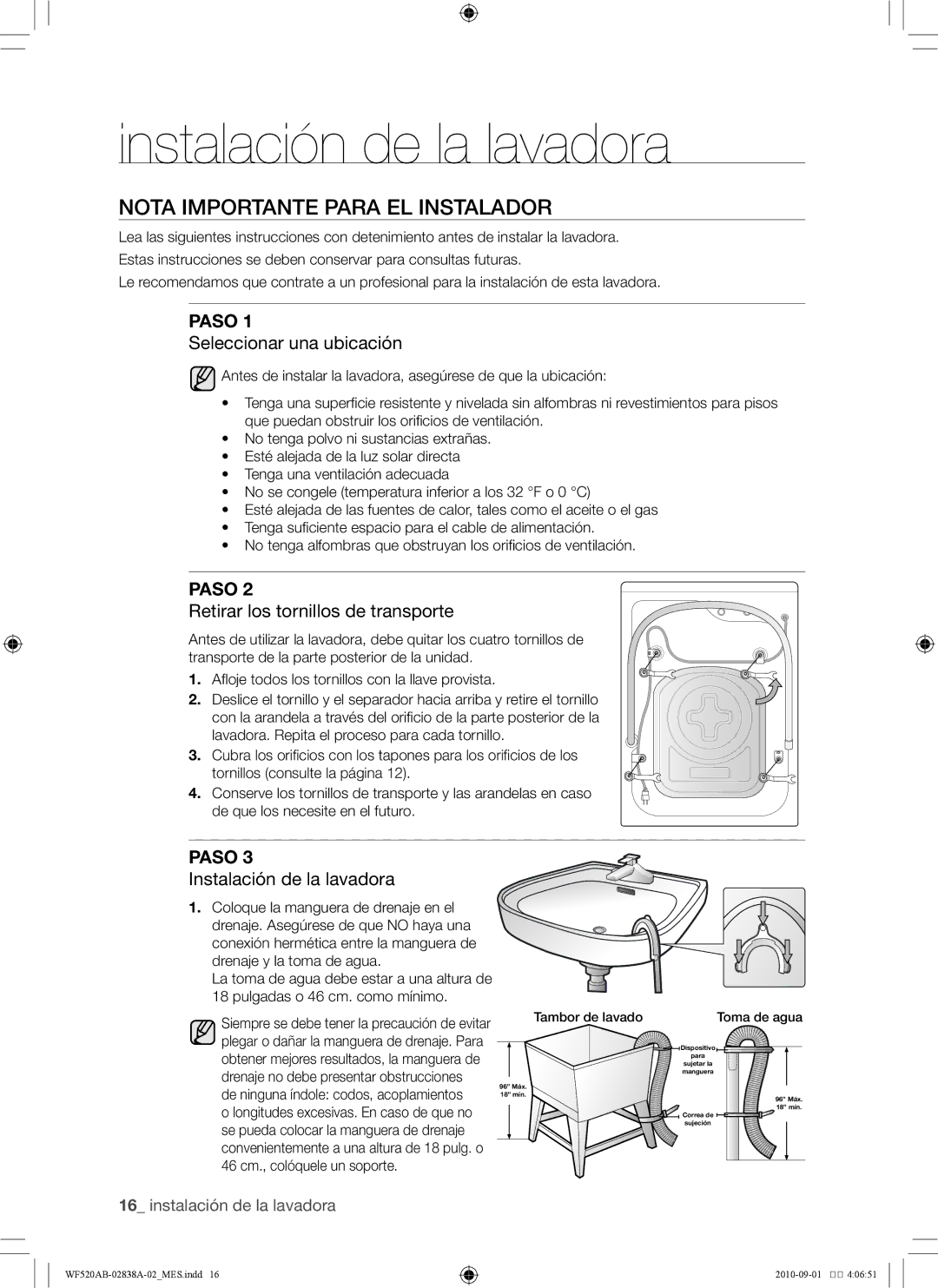 Samsung WF520ABP/XAA Nota importante para el instalador, Seleccionar una ubicación, Retirar los tornillos de transporte 