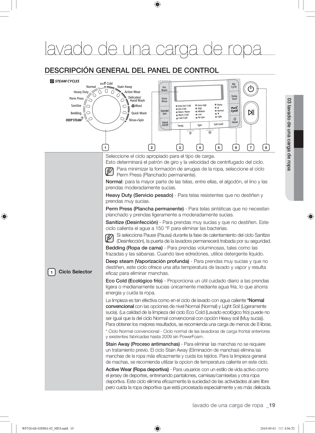 Samsung WF520ABP/XAA manual Lavado de una carga de ropa, Descripción general del panel de control, Ciclo Selector 