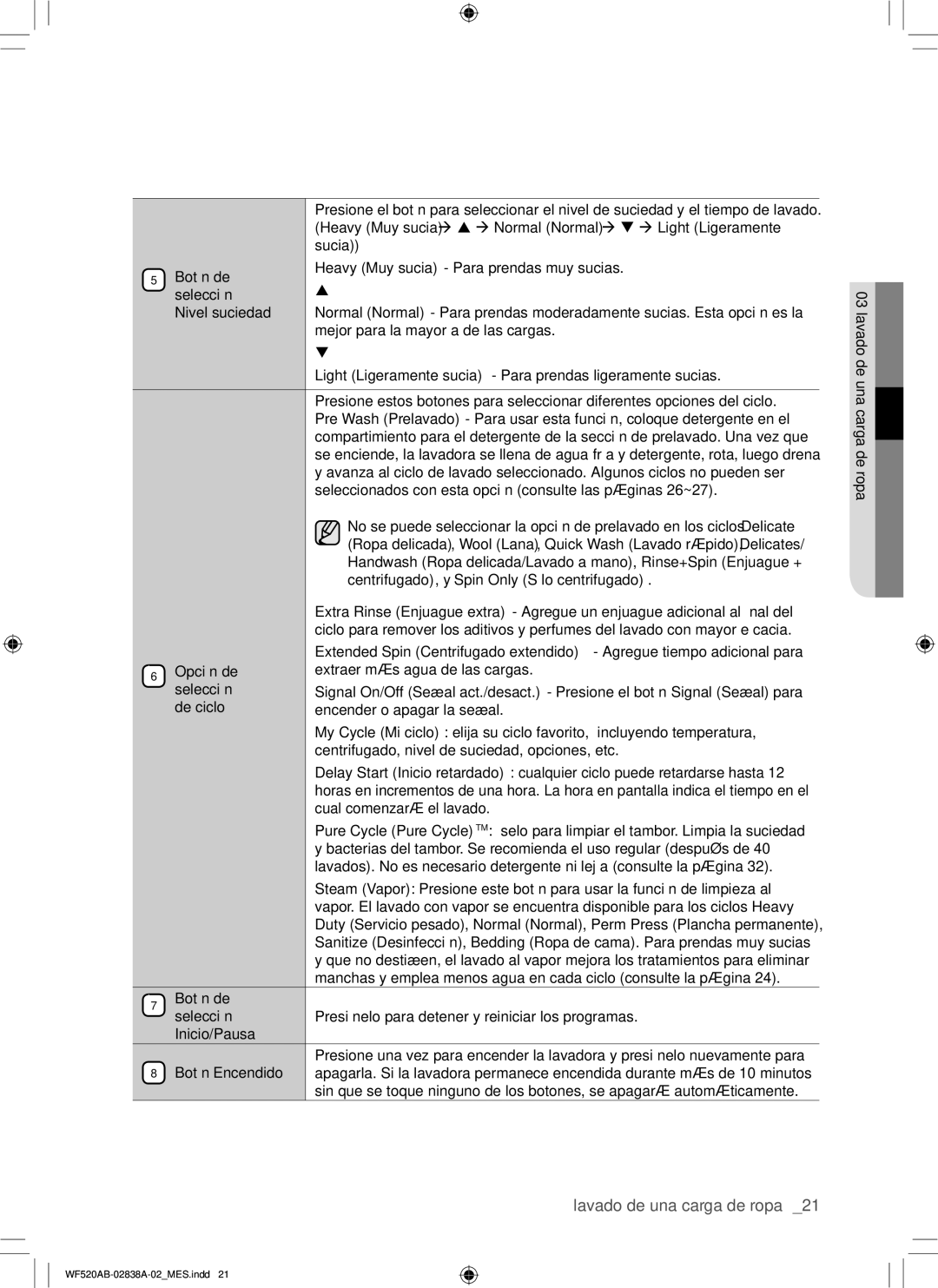 Samsung WF520ABP/XAA manual Nivel suciedad, Opción de, De ciclo, Botón de Selección, Inicio/Pausa 