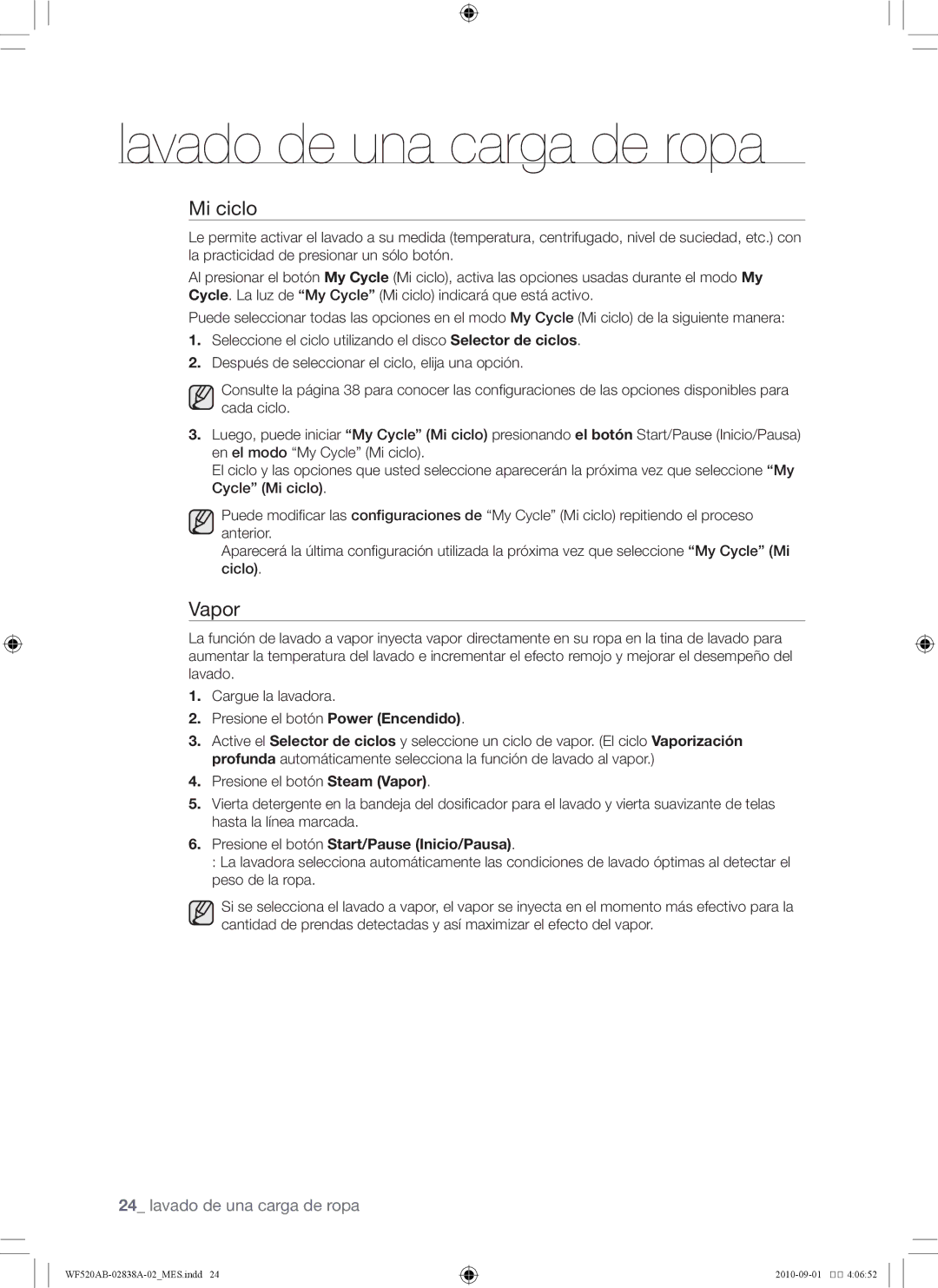 Samsung WF520ABP/XAA manual Mi ciclo, Vapor, Presione el botón Start/Pause Inicio/Pausa 