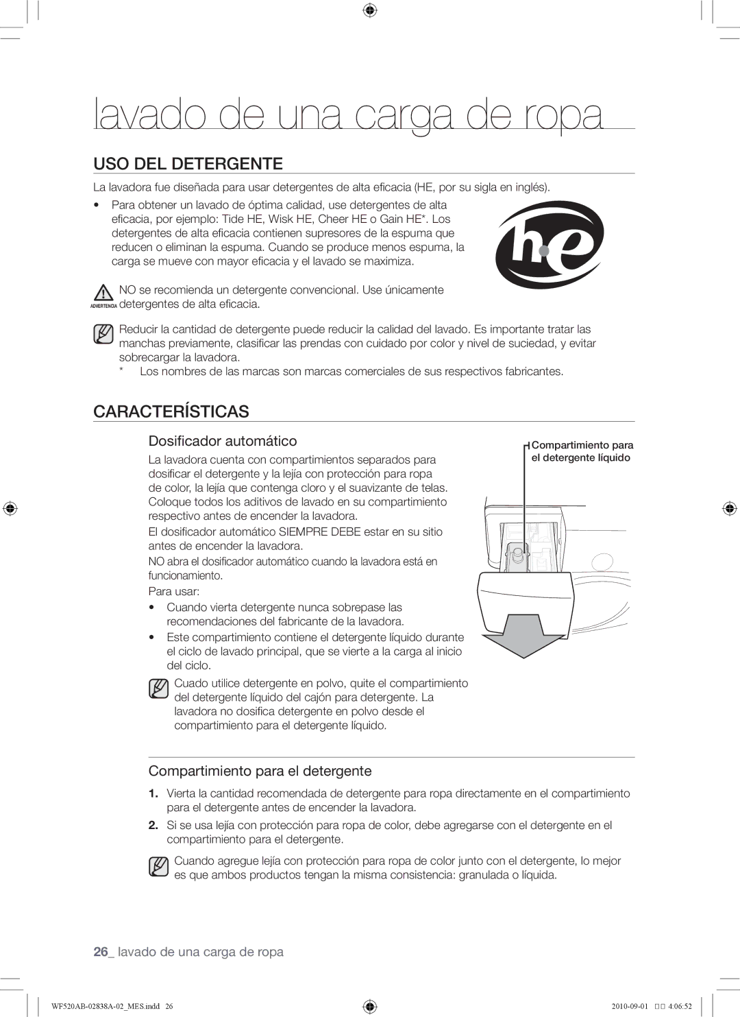 Samsung WF520ABP/XAA manual Uso del detergente, Características, Dosificador automático, Compartimiento para el detergente 