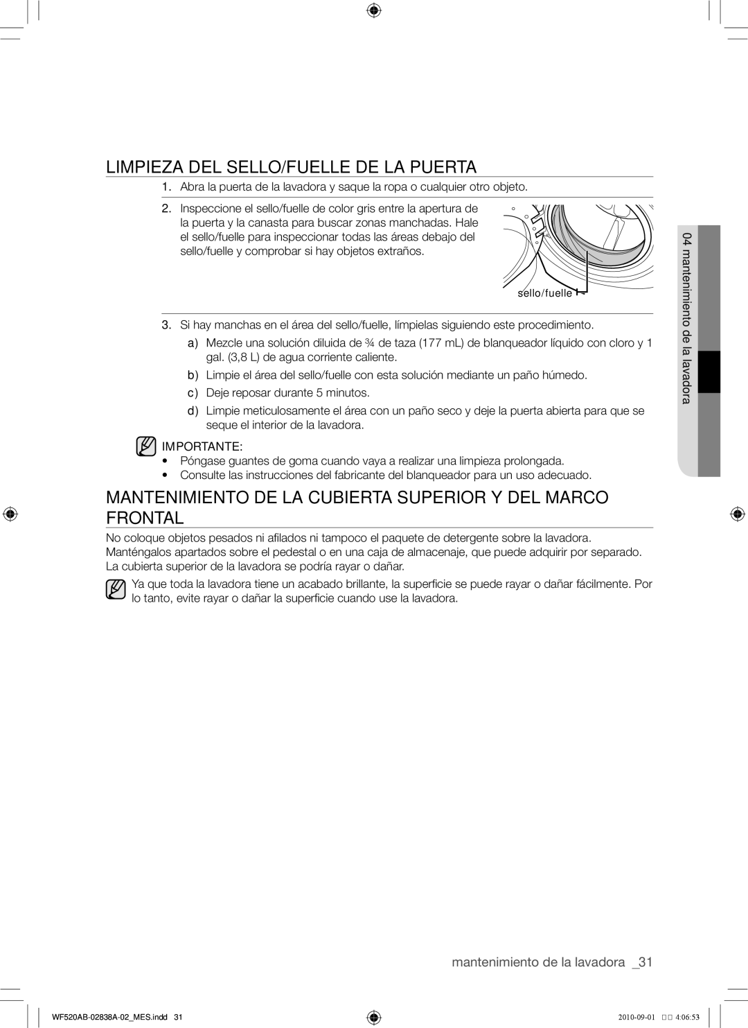 Samsung WF520ABP/XAA Limpieza del sello/fuelle de la puerta, Mantenimiento de la cubierta superior y del marco frontal 