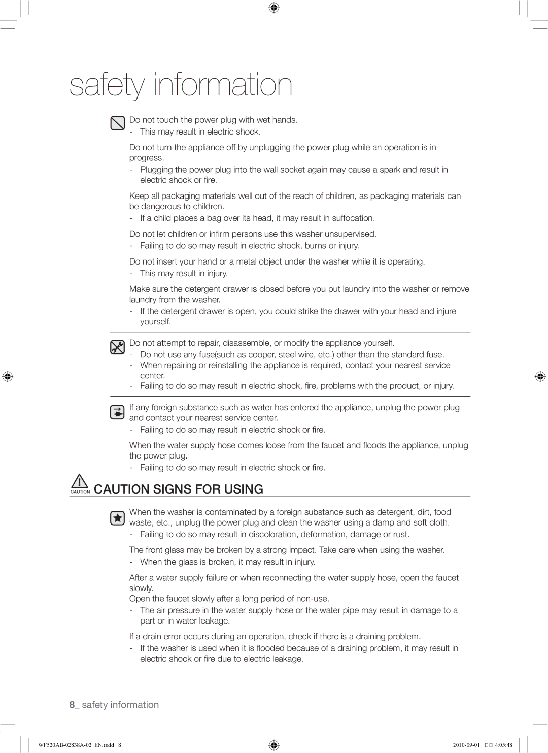 Samsung WF520ABP/XAA manual Safety information 