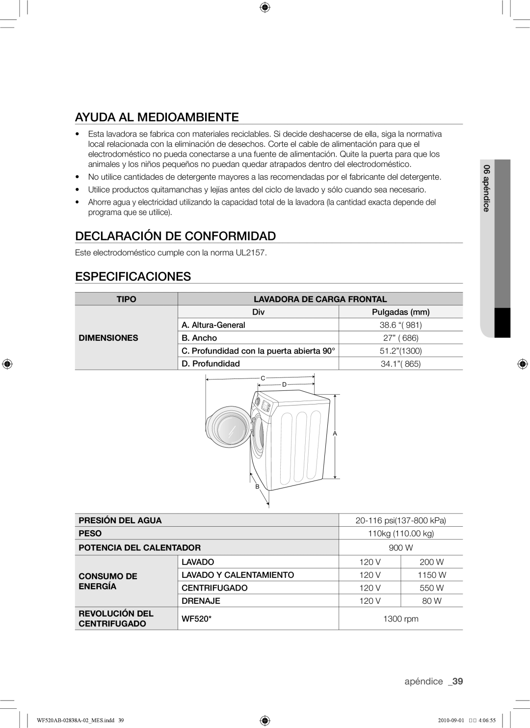 Samsung WF520ABP/XAA manual Ayuda al medioambiente, Declaración de conformidad, Especificaciones 