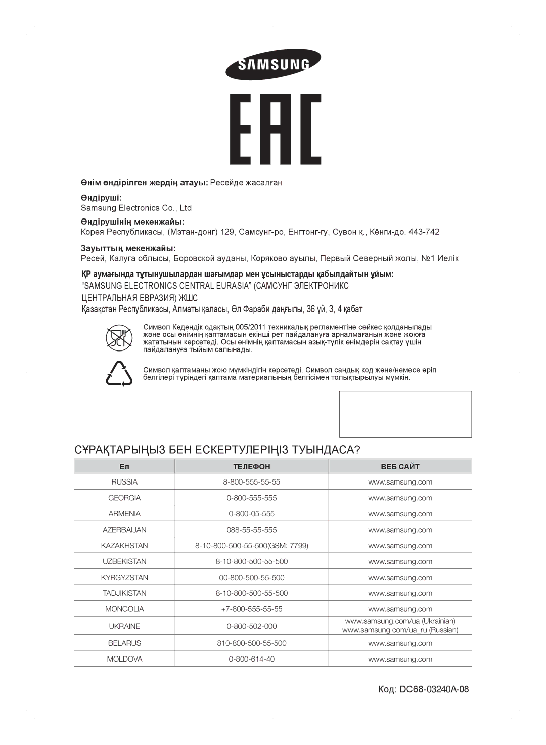 Samsung WF600B0BCWQDLP, WF600B0BCWQ/LP manual Сұрақтарыңыз БЕН Ескертулеріңіз ТУЫНДАСА?, Зауыттың мекенжайы 