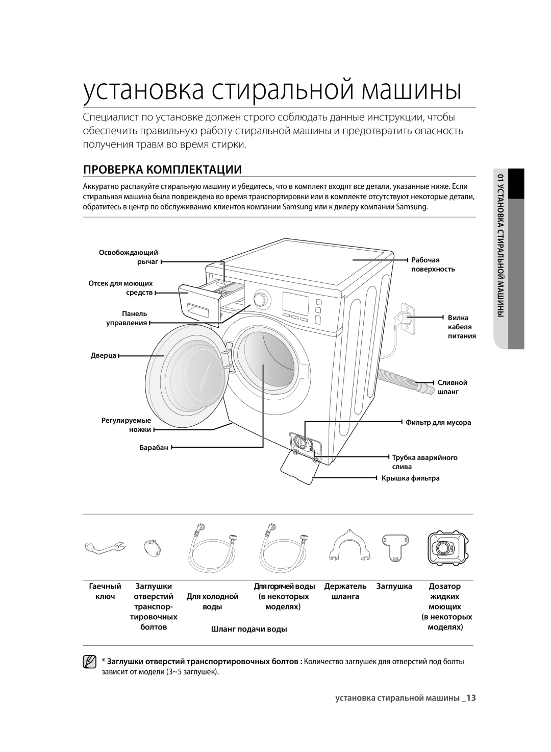 Samsung WF600B0BCWQ/LP, WF600B0BCWQDLP manual Проверка Комплектации, Установка стиральной машины 