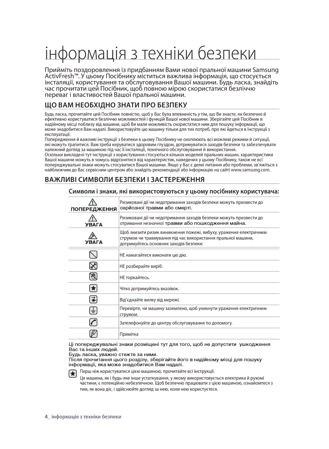 Samsung WF600B0BCWQDLP, WF600B0BCWQ/LP manual Інформація з техніки безпеки, ЩО ВАМ Необхідно Знати ПРО Безпеку 