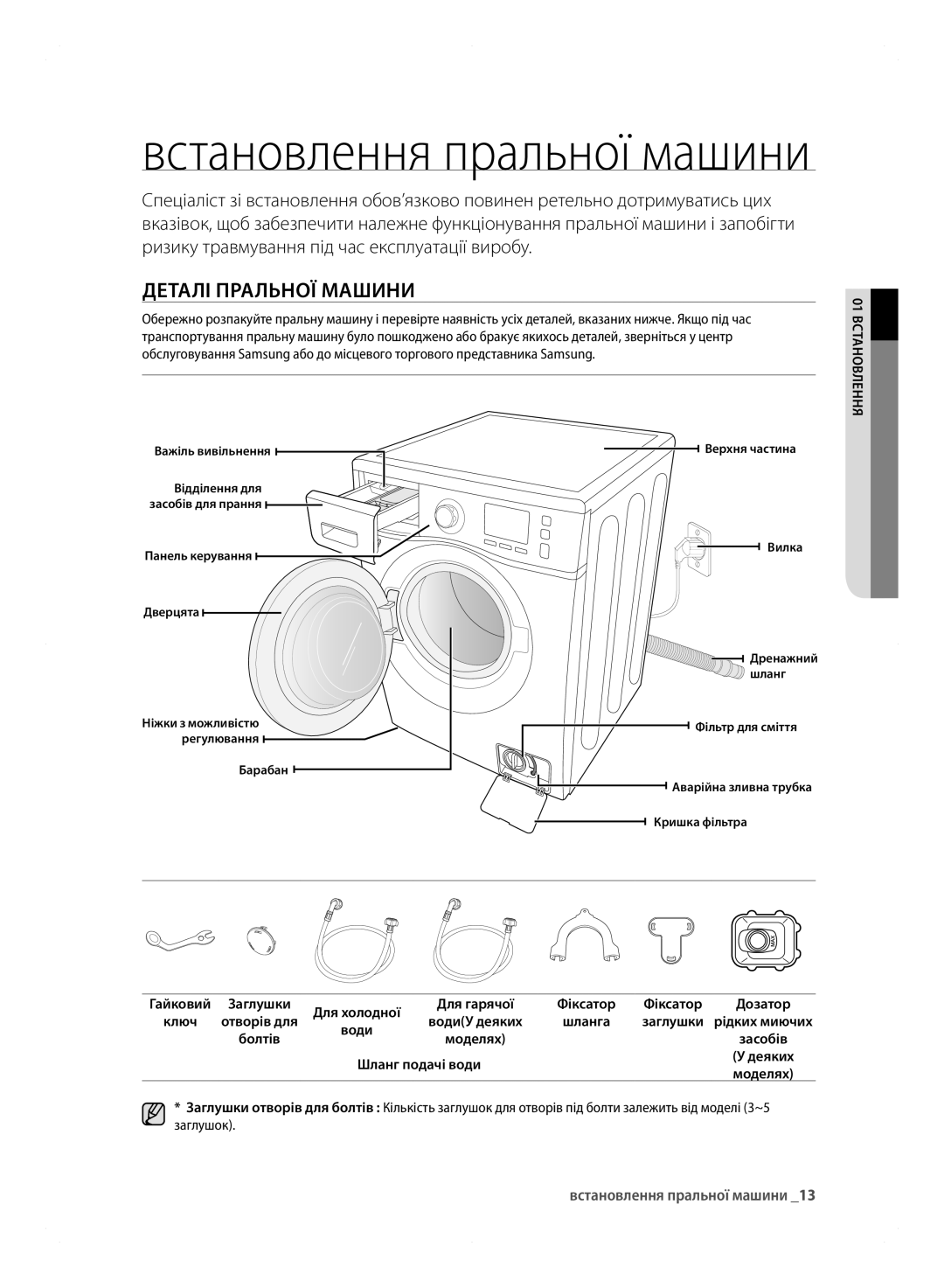 Samsung WF600B0BCWQ/LP manual ДЕТАлІ ПРАлЬНОЇ Машини, Встановлення пральної машини, 01 встановлення, Шланг подачі води 